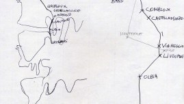 Drawing of Alix's itinerary – and the american bathing suit's – in the summer 2001