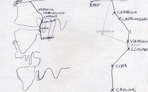 Drawing of Alix's itinerary – and the american bathing suit's – in the summer 2001, Marie-Claire Raoul