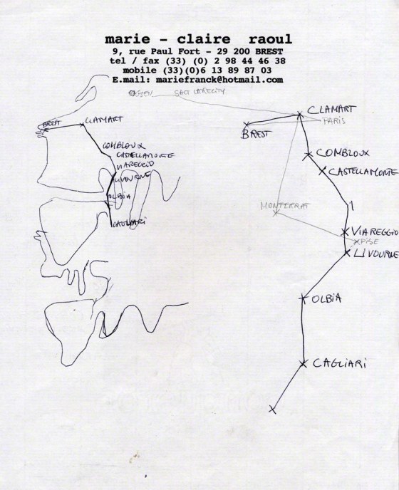 Drawing of Alix's itinerary – and the american bathing suit's – in the summer 2001, Marie-Claire Raoul