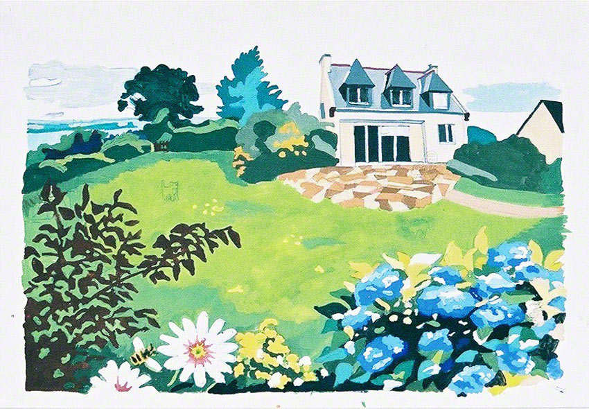 La maison de kerzafloch, esquisse pour un canevas, gouache sur papier, Marie-Claire Raoul