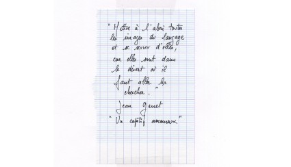 Handwritten copy of Jean Genet's note, header of the last papers in "Un captif amoureux".