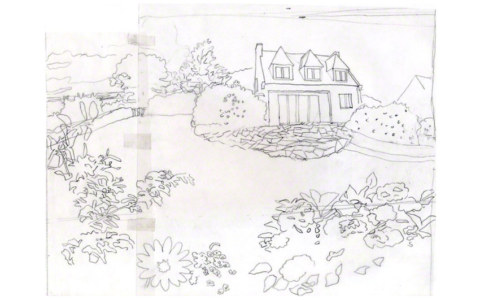 The house Loperhet, layer to canvas, gray pencil on tracing paper, Marie-Claire Raoul