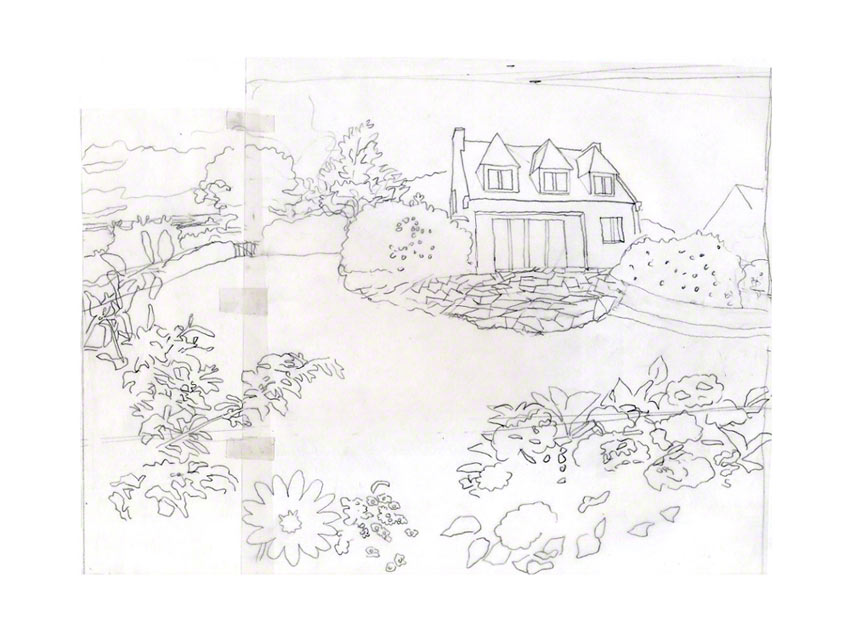 The house Loperhet, layer to canvas, gray pencil on tracing paper, Marie-Claire Raoul