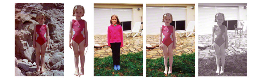 Alix et Adèle devant la maison de Kerzafloc'h, 2 photographies, détourages et montages, Marie-Claire Raoul