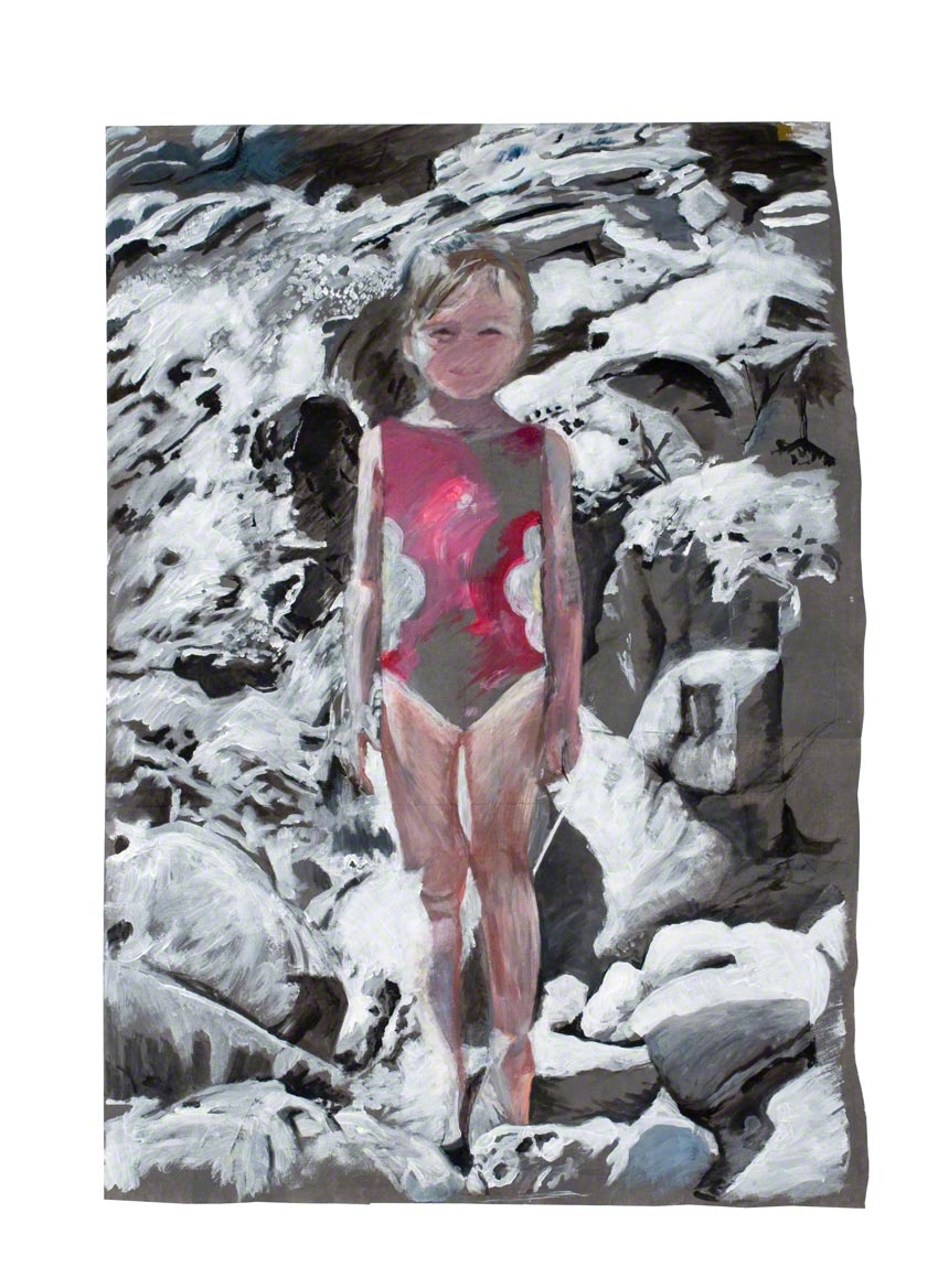 Alix in the rocks of Capo Sandalo on San Pietro Island in Sardinia, acrylic paint on non-woven fabric, Marie-Claire Raoul