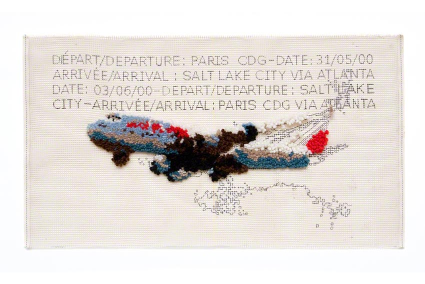 Paris CDG > Salt Lake City : décollage de l'avion de Franck le 31 mai 2000, voyage, tapis aux points noués sur canevas, Marie-Claire Raoul