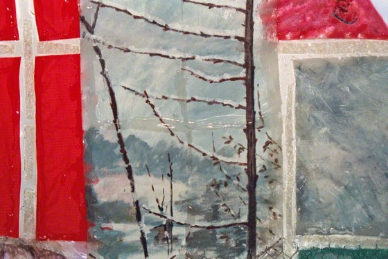 Alix marche sur un chemin rouge dans la neige, acrylique sur tissus, brindilles, matériaux mixtes, assemblage par résine rigide (détail 1), 90cm*70cm, Marie-Claire Raoul