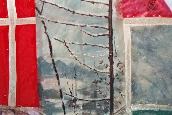 Alix is walking on a red path in the snow, acrylic paint on fabric, twigs, combined materials, put together with rigid resin (1st detail),90cm*70cm, Marie-Claire Raoul