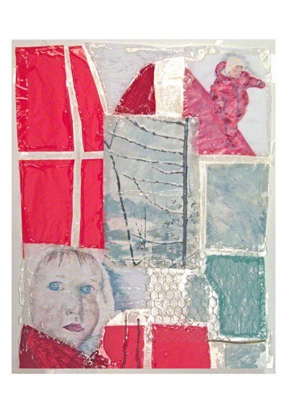 Alix is walking on a red path in the snow, acrylic paint on fabric, twigs, combined materials, put together with rigid resin, Marie-Claire Raoul