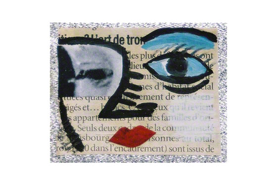 Elles entendent (détail 10 : visage d'Alix, gouache et collage sur papier journal), Marie-Claire Raoul