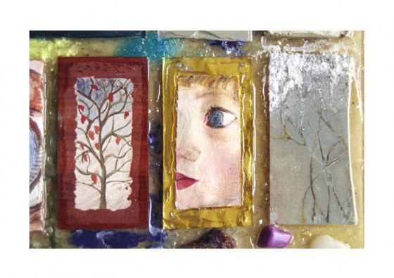 Elles entendent (détail 2 : peinture arbre sur bois et visage d'Alix sur toile, gravure arbre), Marie-Claire Raoul