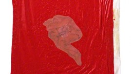 Repos 2, Jérémie en suspension dans un espace synthétique rouge, mine de plomb sur calque, tissus enduit, résine, 120cm*80cm, novembre 2003