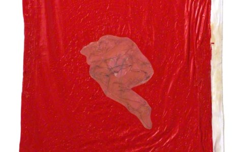 Repos 2, Jérémie en suspension dans un espace synthétique rouge, mine de plomb sur calque, tissus enduit, résine, 120cm*80cm, novembre 2003, Marie-Claire Raoul