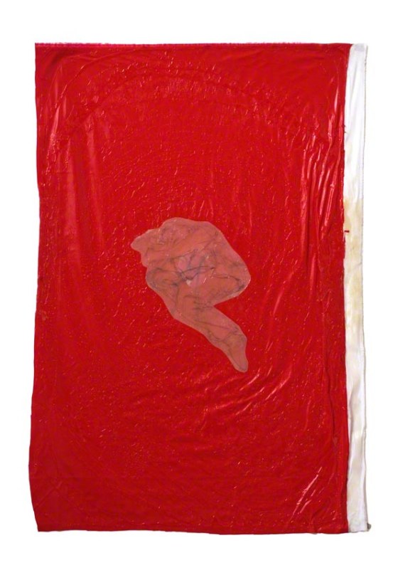 Rest 2, Jérémie hanging in a red synthetic space, pencil lead on tracing paper, coated fabric, resin, Marie-Claire Raoul