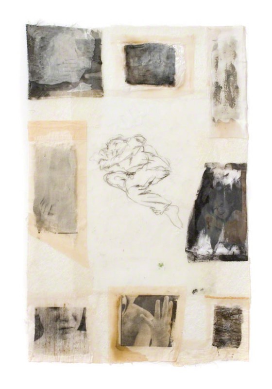 Repos, Jérémie dort à même le sol, photographies sur tissus, dessin, résine, 120cm*80cm, novembre 2003, Marie-Claire Raoul