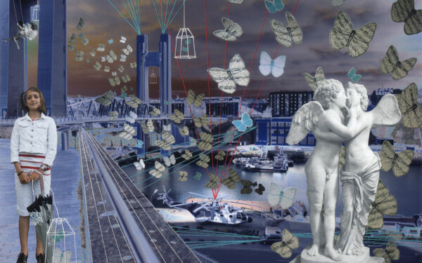 Montage photo brodé. Pont de recouvrance à Brest. Adèle dans la ville de Brest. Sculpture de Psyché. 2020