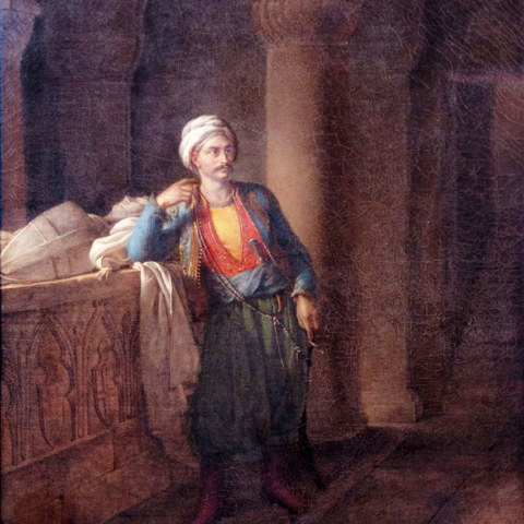 Malek-Adhel attendant Mathilde au rendez-vous qu'elle lui a donné devant le tombeau de Josselin de Montmorency, huile sur toile d'Eugénie Servières, 1820