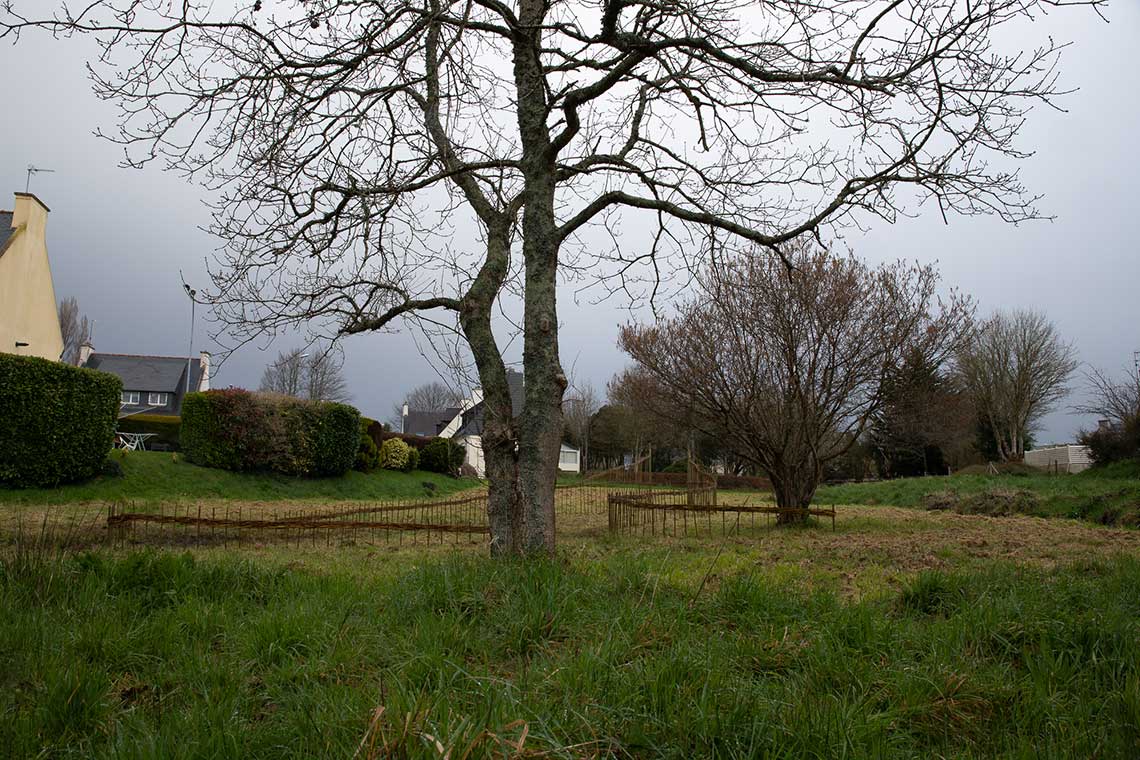 Marcher sur l'eau blanche, installation de Marie-Claire Raoul sur la prairie de Keravilin, 5 mars 2022