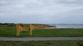 Proposition 2, maquette 2D « Hent Ar Mor ». Sur les dunes végétalisées, la structure longera le fourré sous lequel le rû s’écoule à très faible débit. Elle suivra un dénivelé aléatoire. Plus petite hauteur 0,8 m. Plus grande hauteur 3 m 50. Photographie, janvier 2023.